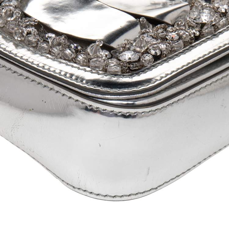 Pre Owned Moschino Silver Patent Leather Embellished Flap Top Handle Bag