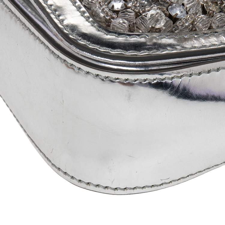 Pre Owned Moschino Silver Patent Leather Embellished Flap Top Handle Bag