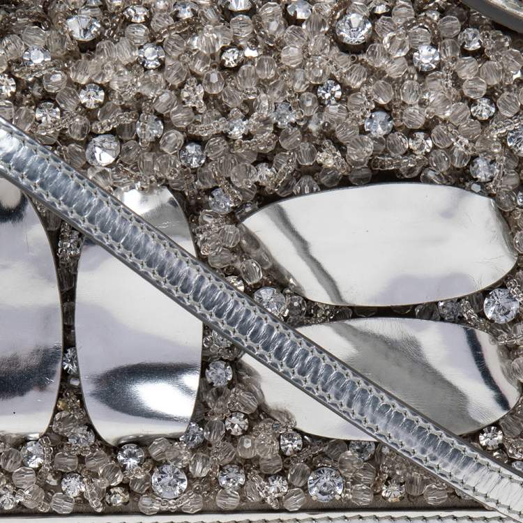 Pre Owned Moschino Silver Patent Leather Embellished Flap Top Handle Bag