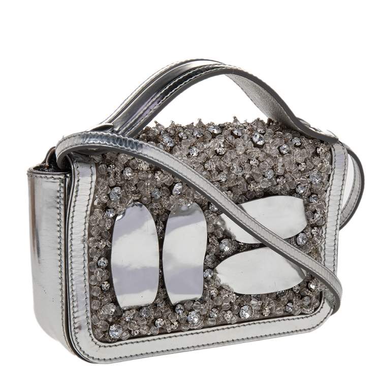 Pre Owned Moschino Silver Patent Leather Embellished Flap Top Handle Bag
