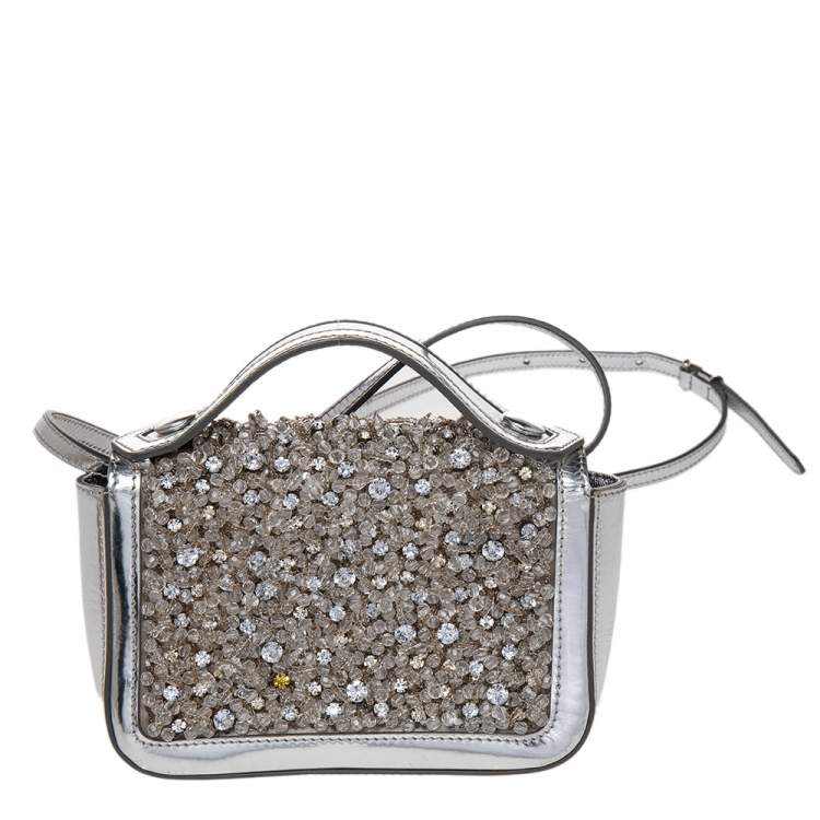 Pre Owned Moschino Silver Patent Leather Embellished Flap Top Handle Bag