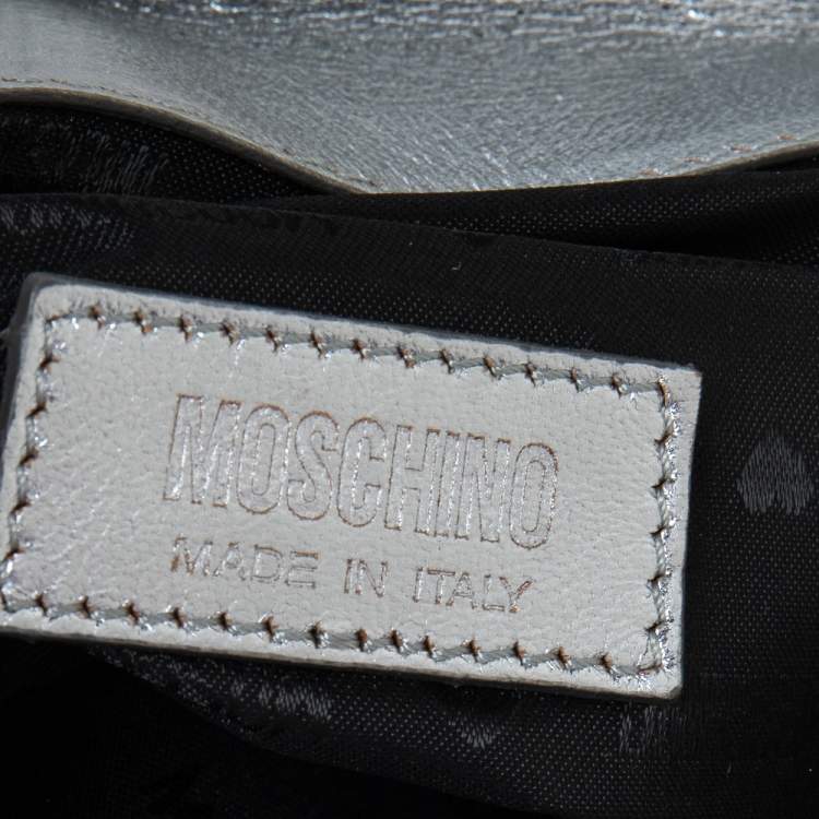 Pre Owned Moschino Silver Patent Leather Embellished Flap Top Handle Bag