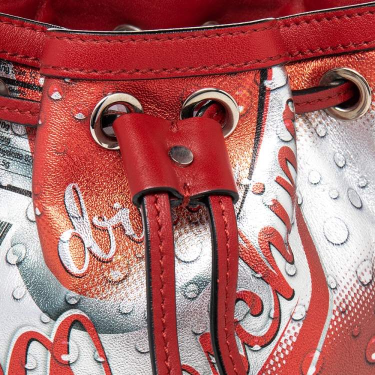 Pre Owned Moschino Metallic Silver/Orange Leather Coca Cola Bucket Bag