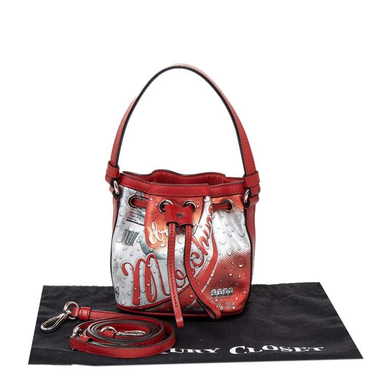 Pre Owned Moschino Metallic Silver/Orange Leather Coca Cola Bucket Bag