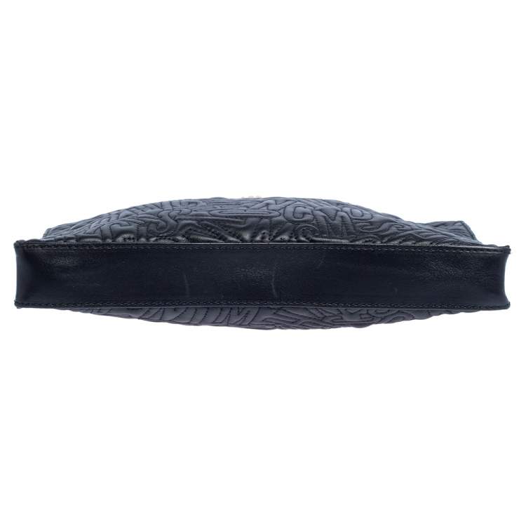 Pre Owned Moschino Black Logo Embossed Leather Wristlet Clutch