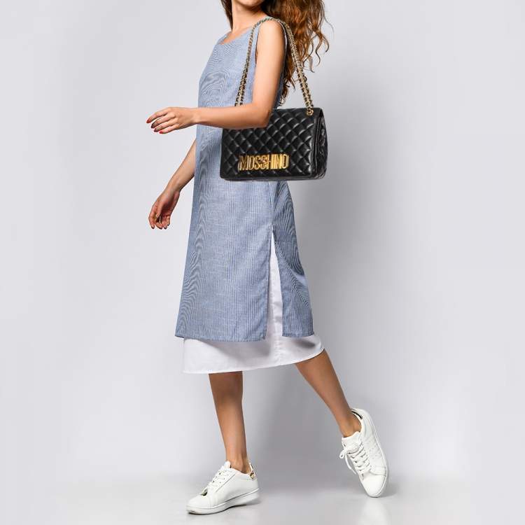 Pre Owned Moschino Black Quilted Leather Logo Flap Shoulder Bag