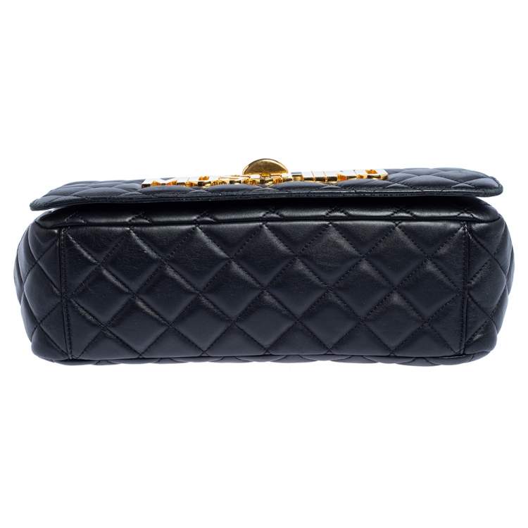 Pre Owned Moschino Black Quilted Leather Logo Flap Shoulder Bag