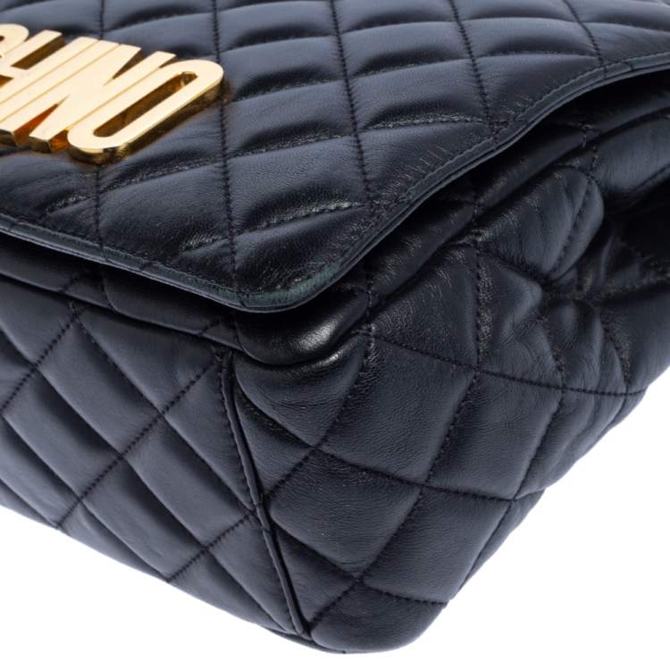 Pre Owned Moschino Black Quilted Leather Logo Flap Shoulder Bag