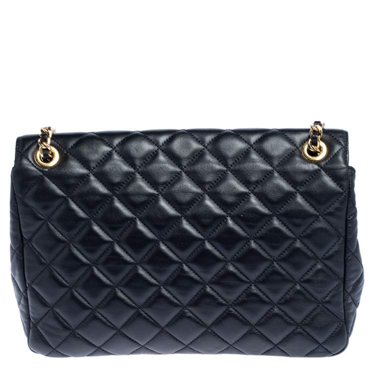 Pre Owned Moschino Black Quilted Leather Logo Flap Shoulder Bag