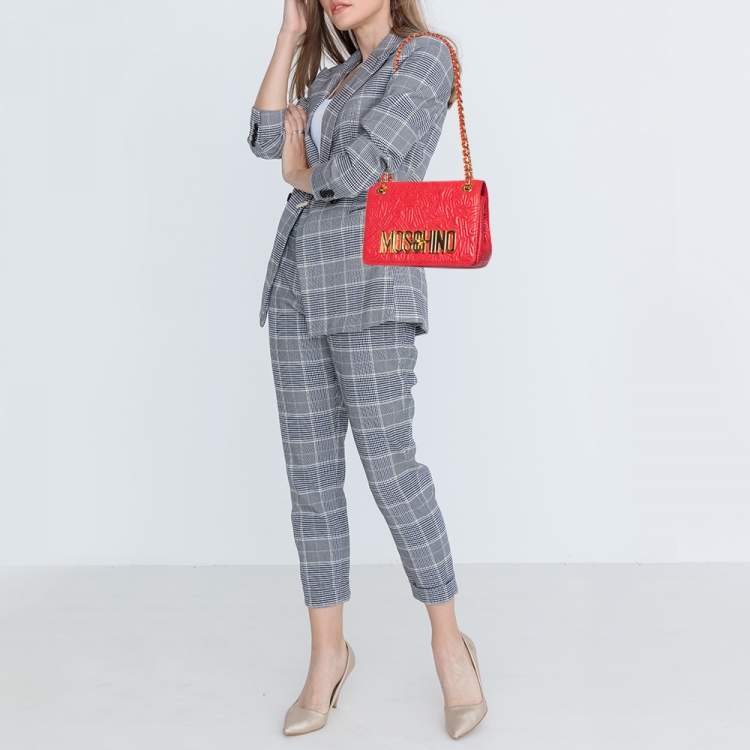 Pre Owned Moschino Red Monogram Quilted Leather Logo Flap Shoulder Bag