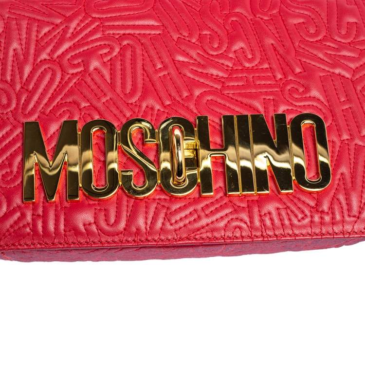 Pre Owned Moschino Red Monogram Quilted Leather Logo Flap Shoulder Bag