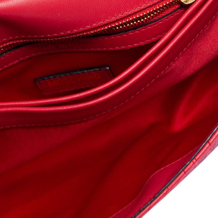 Pre Owned Moschino Red Monogram Quilted Leather Logo Flap Shoulder Bag
