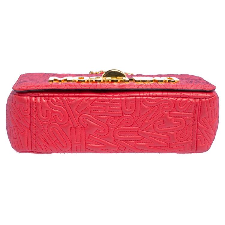 Pre Owned Moschino Red Monogram Quilted Leather Logo Flap Shoulder Bag