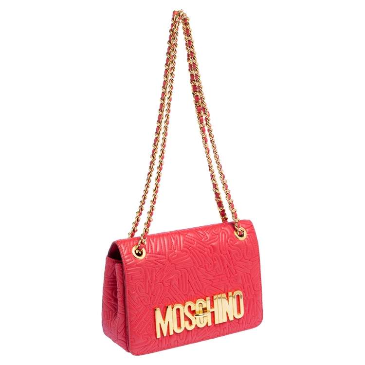 Pre Owned Moschino Red Monogram Quilted Leather Logo Flap Shoulder Bag