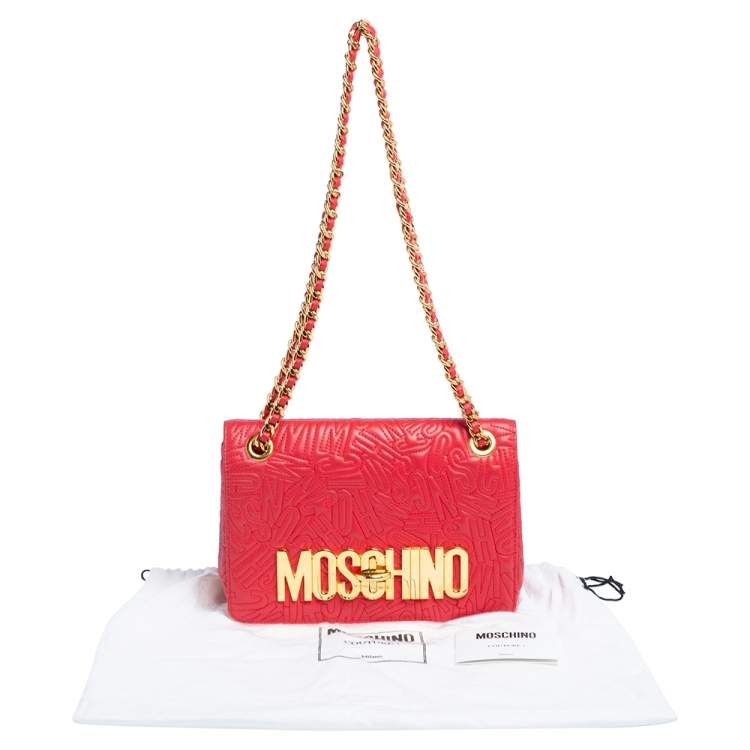 Pre Owned Moschino Red Monogram Quilted Leather Logo Flap Shoulder Bag