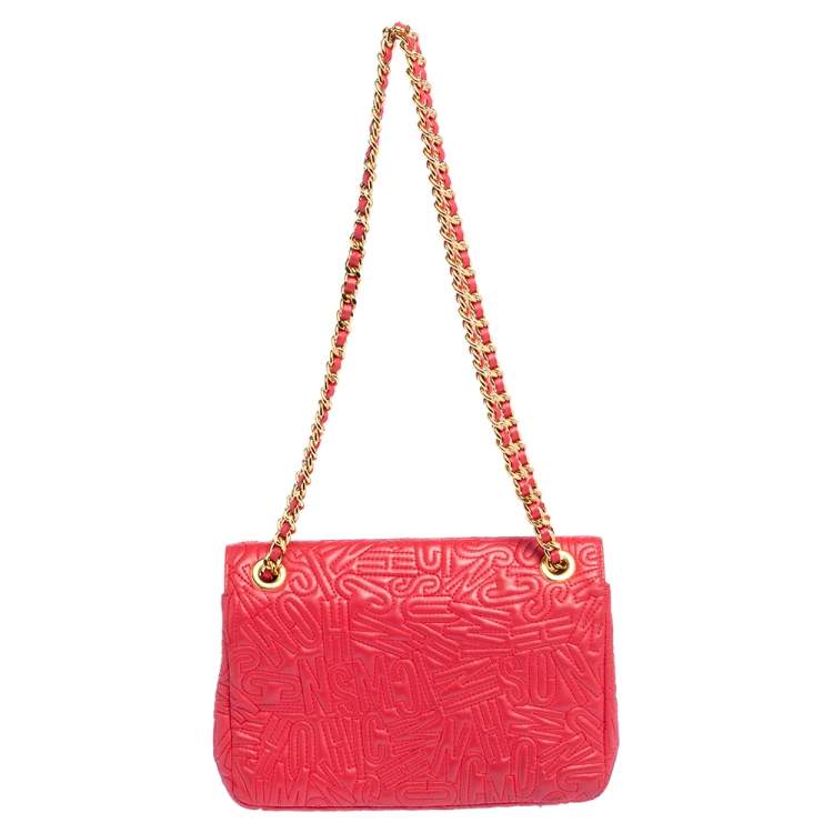 Pre Owned Moschino Red Monogram Quilted Leather Logo Flap Shoulder Bag