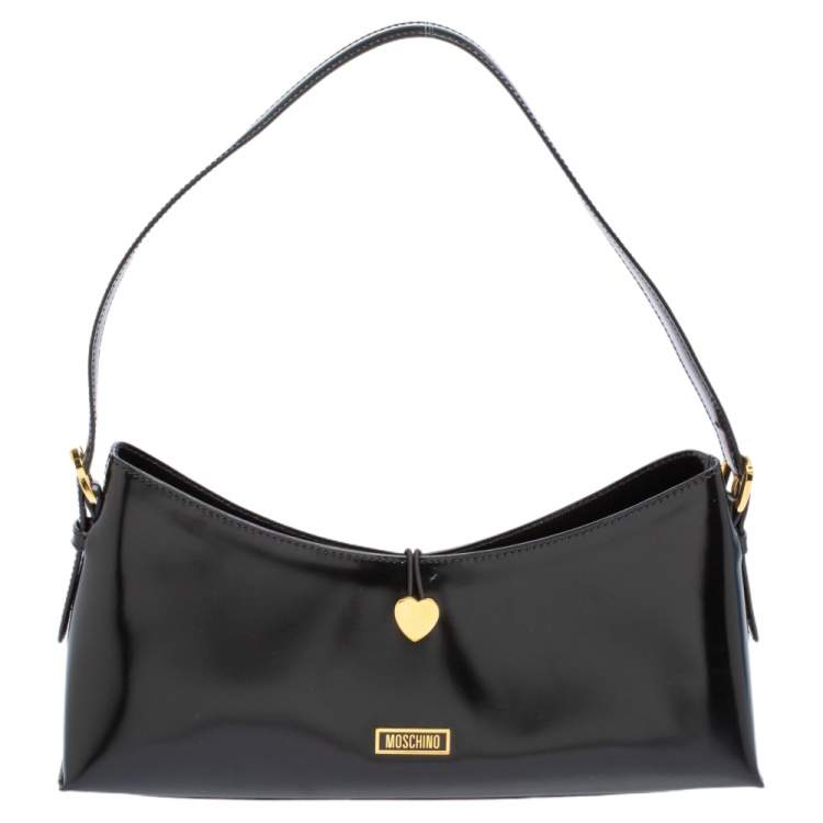 Pre Owned Moschino Black Leather Heart Lock Baguette Bag
