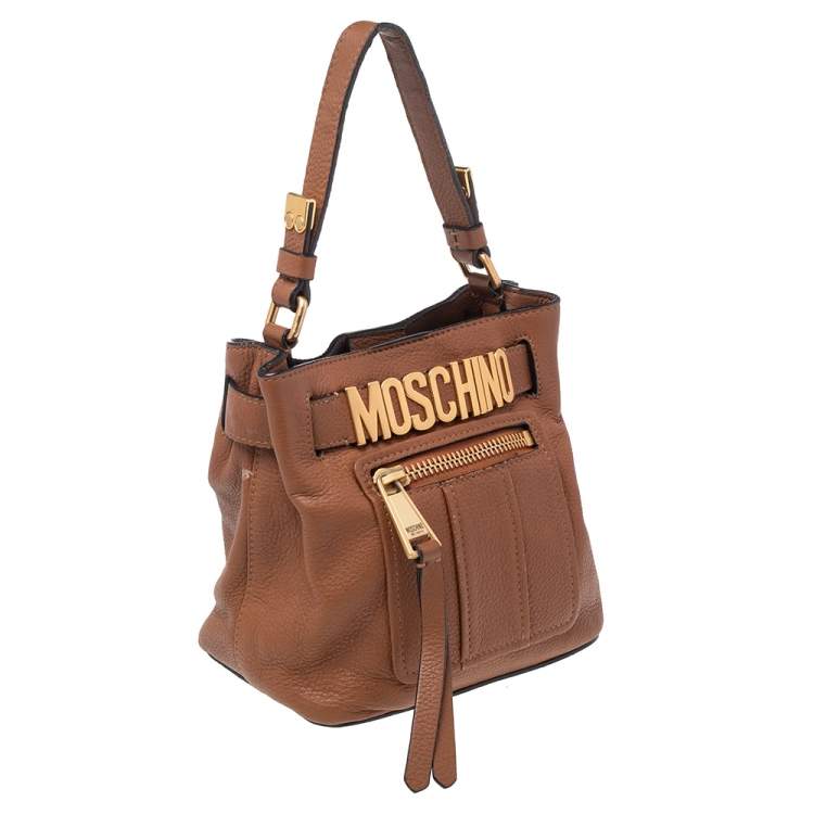 Pre Owned Moschino Brown Leather Logo Hobo