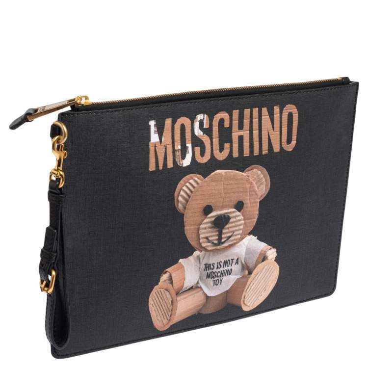 Pre Owned Moschino Black Coated Canvas Medium Teddy Bear Print Wristlet Clutch