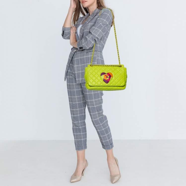 Pre Owned Moschino Apple Green Quilted Leather Flap Shoulder Bag