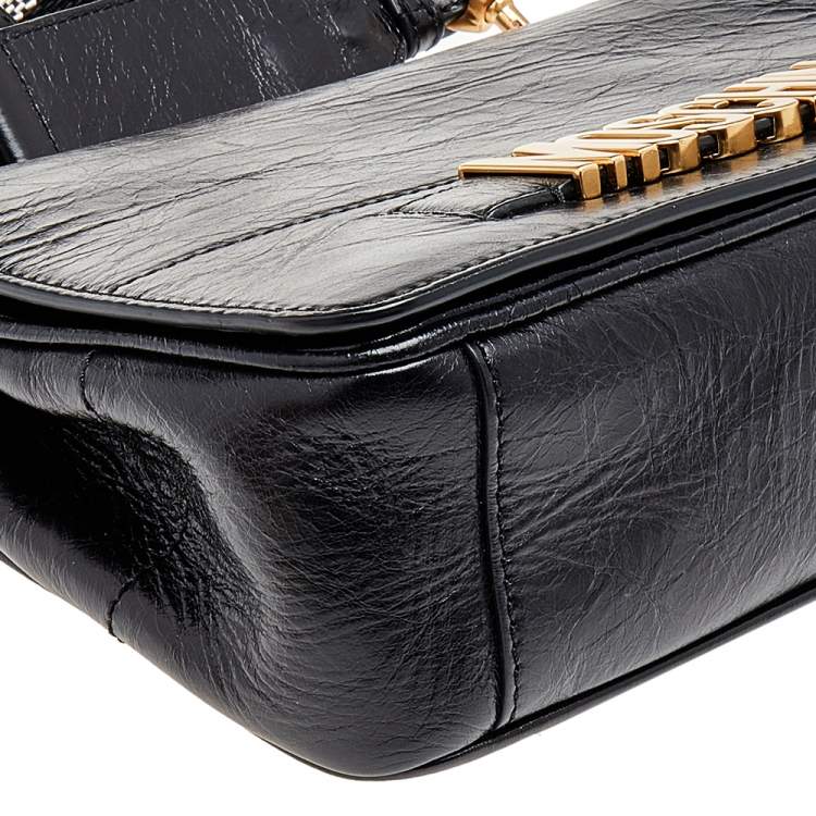 Pre Owned Moschino Black Leather Logo Crossbody Bag