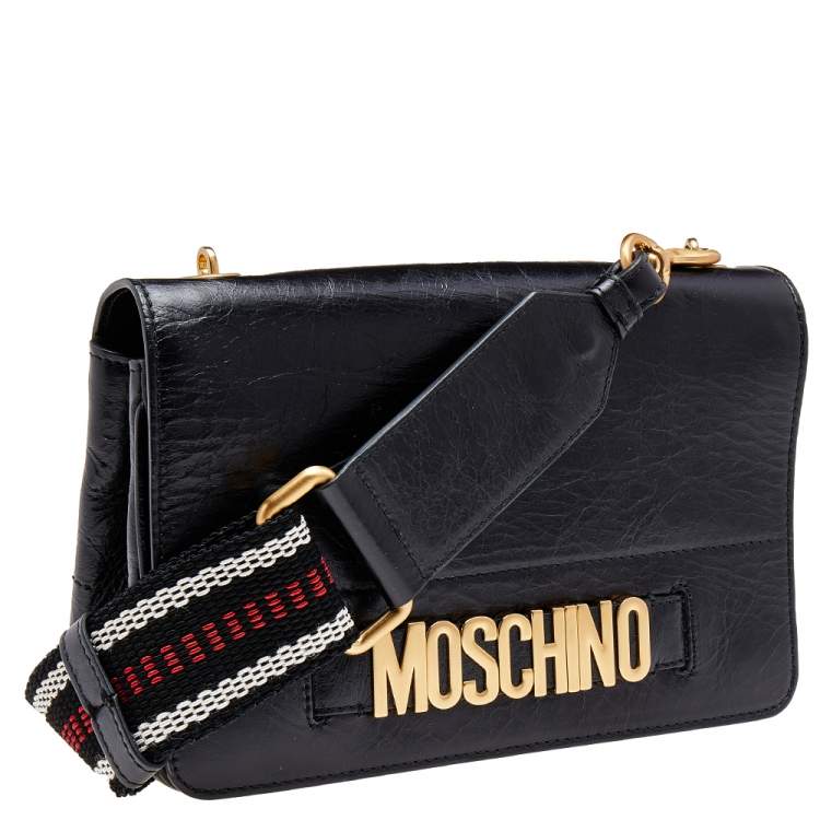 Pre Owned Moschino Black Leather Logo Crossbody Bag