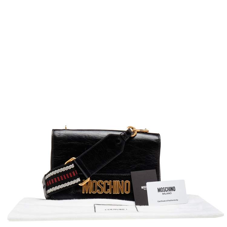 Pre Owned Moschino Black Leather Logo Crossbody Bag