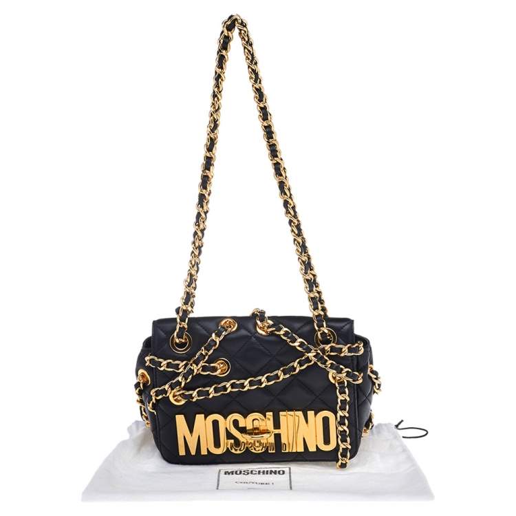 Pre Owned Moschino Black Quilted Leather Logo Flap Chained Shoulder Bag 