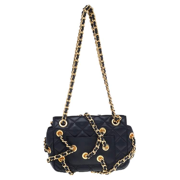 Pre Owned Moschino Black Quilted Leather Logo Flap Chained Shoulder Bag 