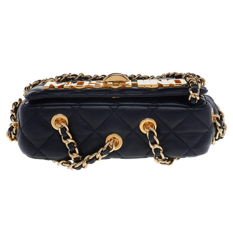 Pre Owned Moschino Black Quilted Leather Logo Flap Chained Shoulder Bag 