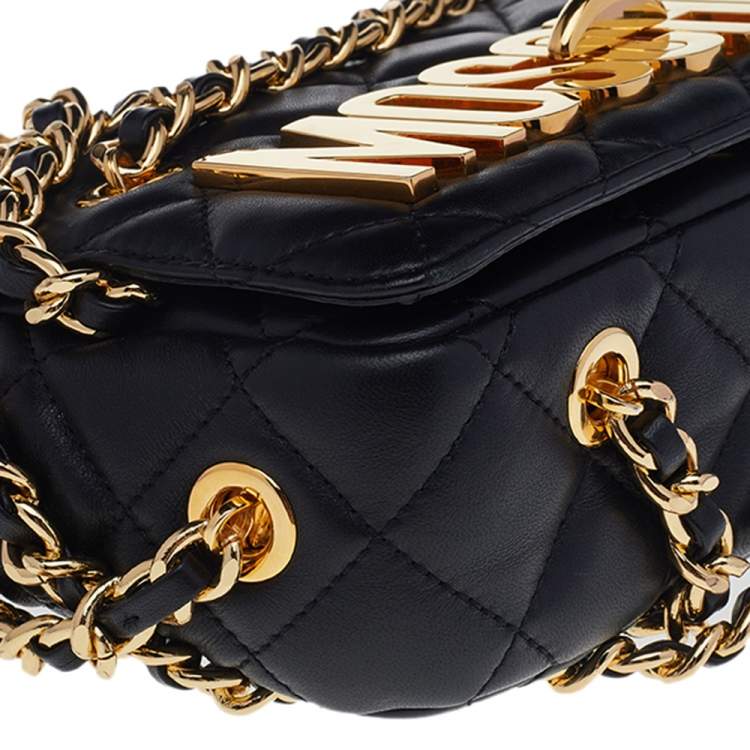 Pre Owned Moschino Black Quilted Leather Logo Flap Chained Shoulder Bag 