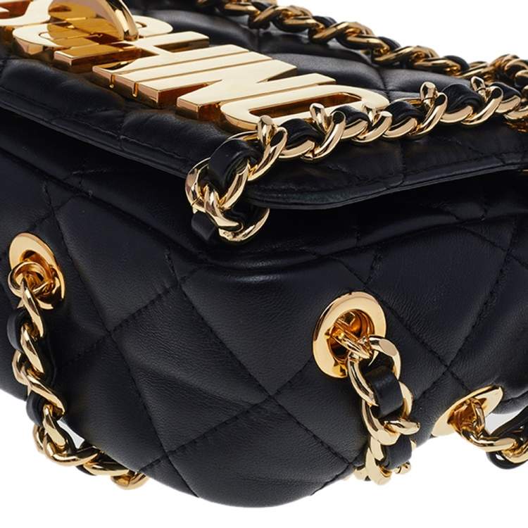 Pre Owned Moschino Black Quilted Leather Logo Flap Chained Shoulder Bag 
