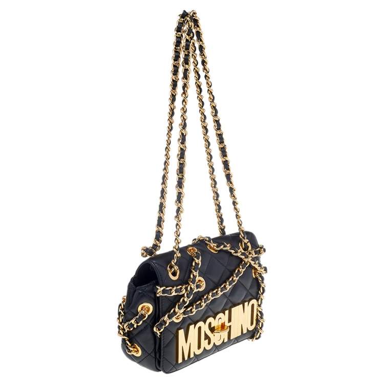 Pre Owned Moschino Black Quilted Leather Logo Flap Chained Shoulder Bag 