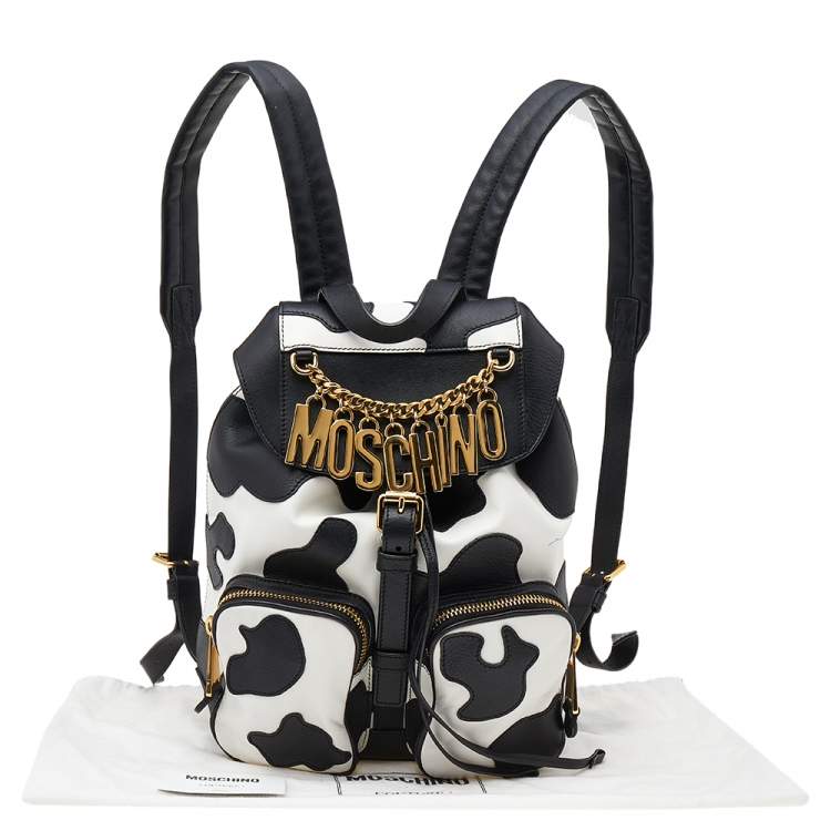 Pre Owned Moschino Black/White Leather Cow Motif Backpack