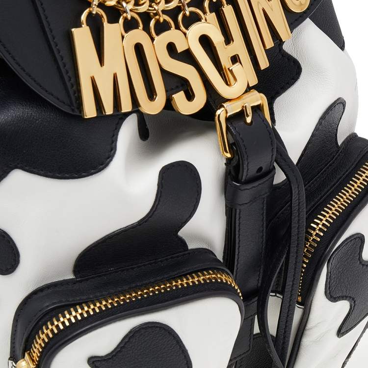 Pre Owned Moschino Black/White Leather Cow Motif Backpack