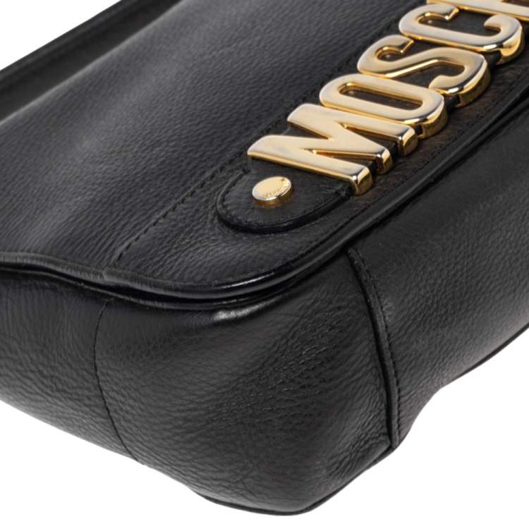 مملوكة مسبقًا Moschino Black Leather Logo Flap Top Handle Bag