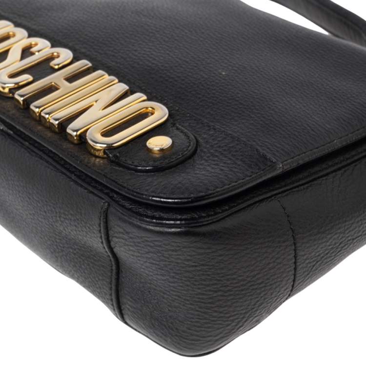 مملوكة مسبقًا Moschino Black Leather Logo Flap Top Handle Bag