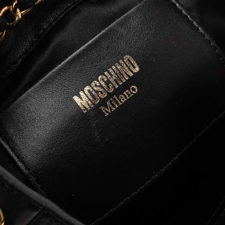 Pre Owned Moschino Black Leather Logo Chain Bucket Bag