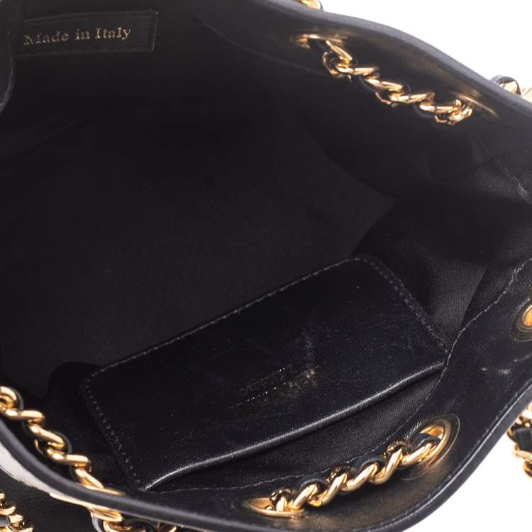 Pre Owned Moschino Black Leather Logo Chain Bucket Bag