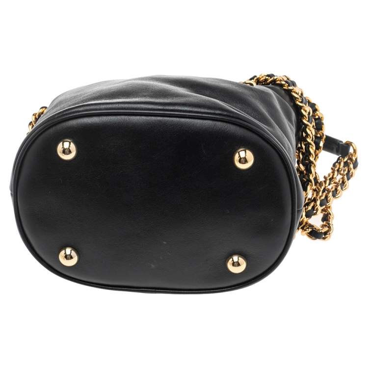 Pre Owned Moschino Black Leather Logo Chain Bucket Bag