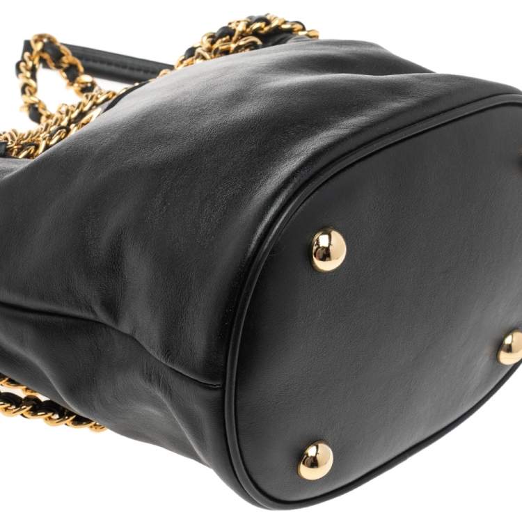 Pre Owned Moschino Black Leather Logo Chain Bucket Bag