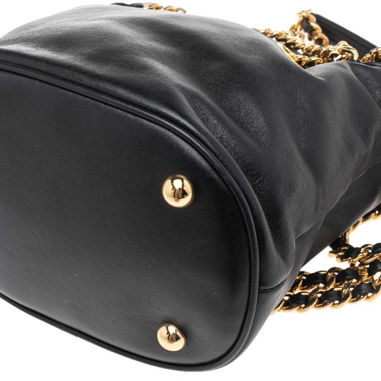 Pre Owned Moschino Black Leather Logo Chain Bucket Bag