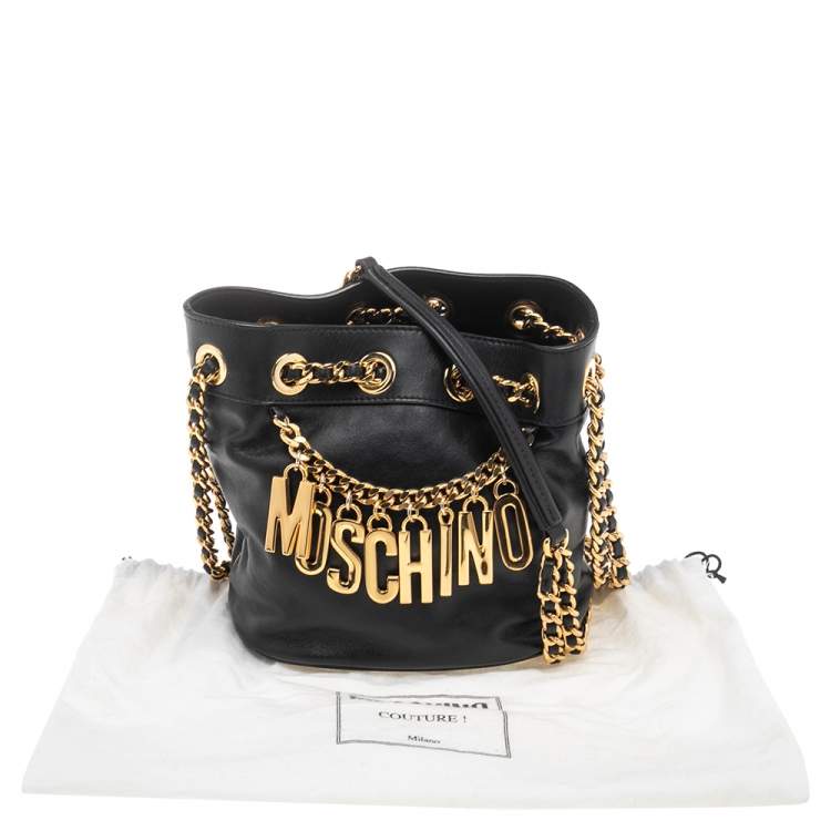 Pre Owned Moschino Black Leather Logo Chain Bucket Bag