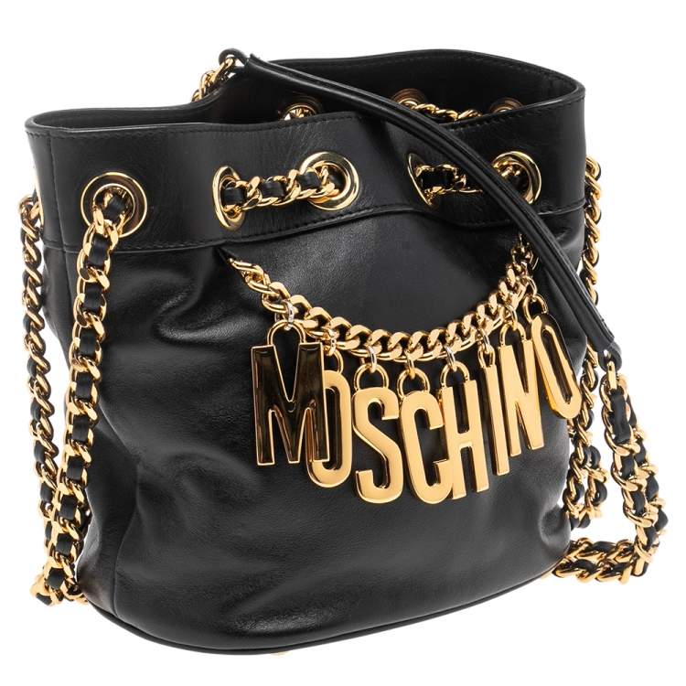 Pre Owned Moschino Black Leather Logo Chain Bucket Bag