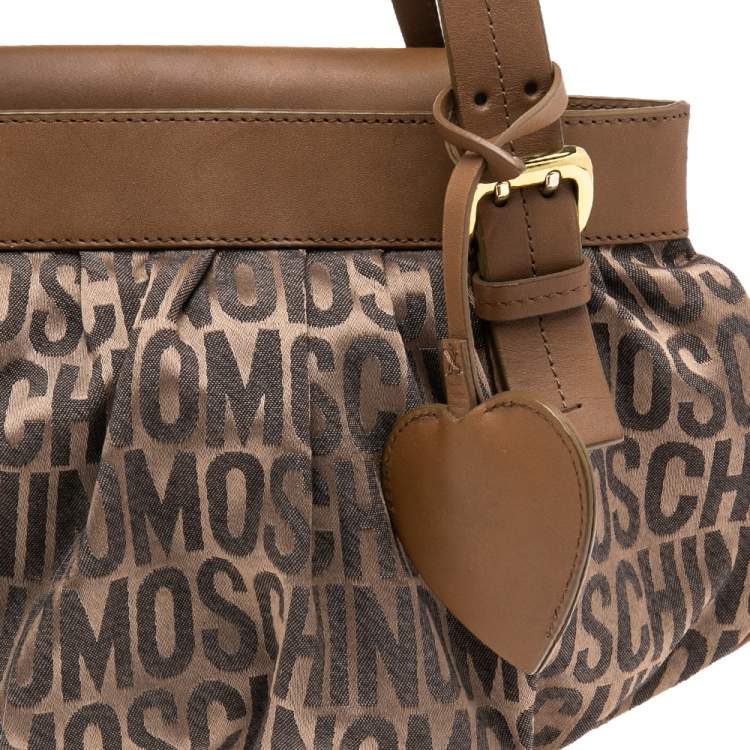 Pre Owned Moschino Brown Monogram Canvas And Leather Heart Charm Satchel