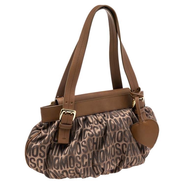 Pre Owned Moschino Brown Monogram Canvas And Leather Heart Charm Satchel