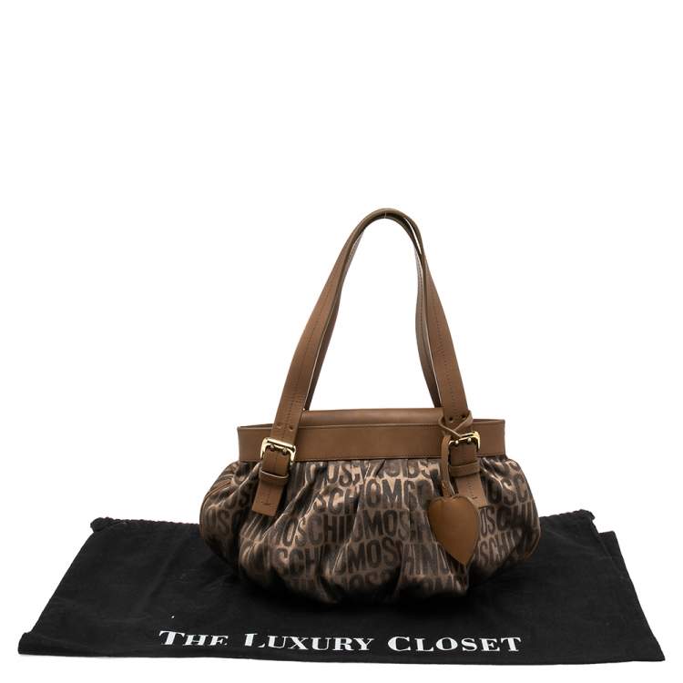 Pre Owned Moschino Brown Monogram Canvas And Leather Heart Charm Satchel