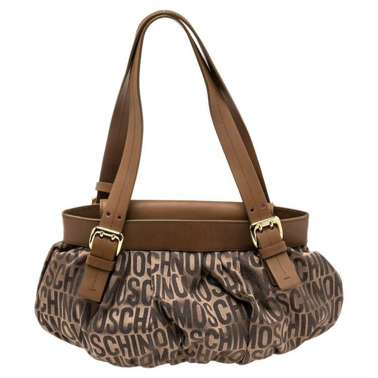Pre Owned Moschino Brown Monogram Canvas And Leather Heart Charm Satchel