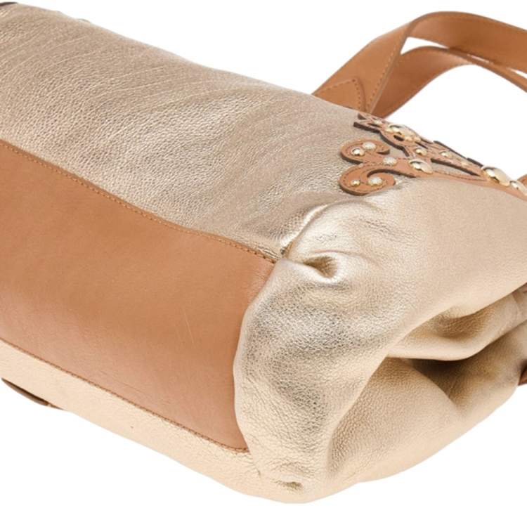 Pre Owned Moschino Metallic Gold/Brown Leather Studded Satchel
