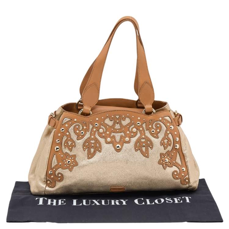 Pre Owned Moschino Metallic Gold/Brown Leather Studded Satchel